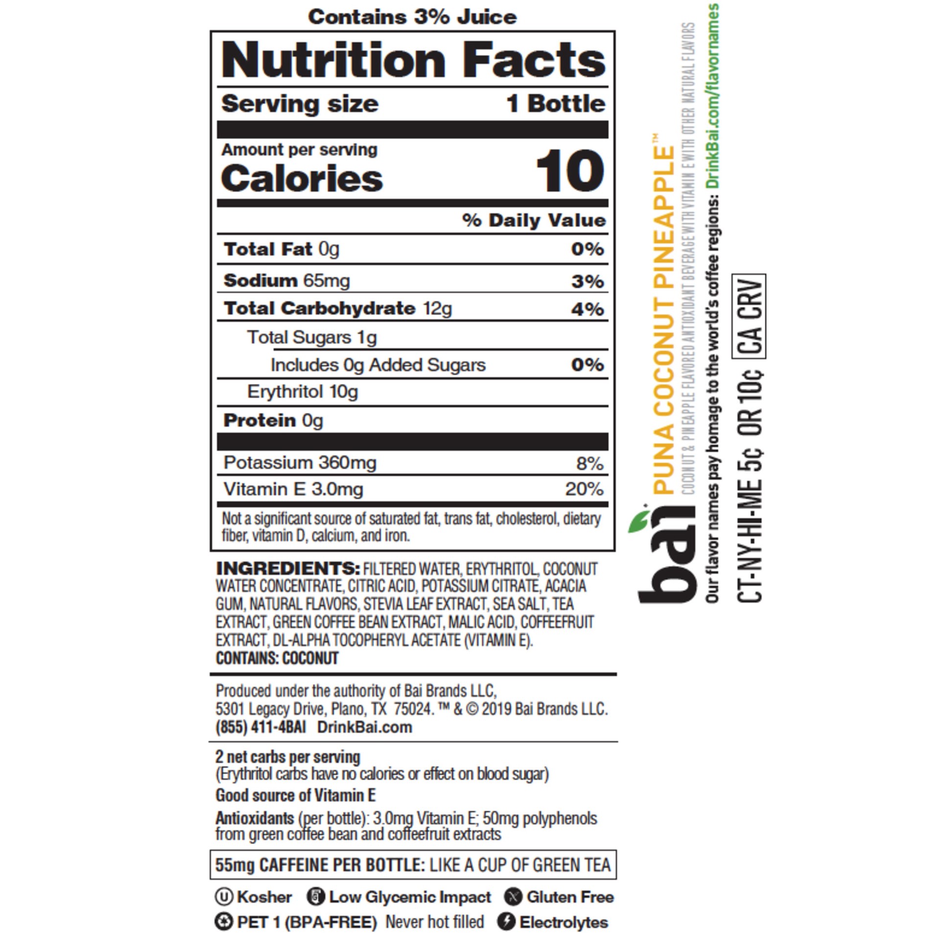 slide 6 of 6, Bai Coconut Flavored Water, Puna Coconut Pineapple, Antioxidant Infused Beverage, 18 Fluid Ounce Bottle, 18 fl oz