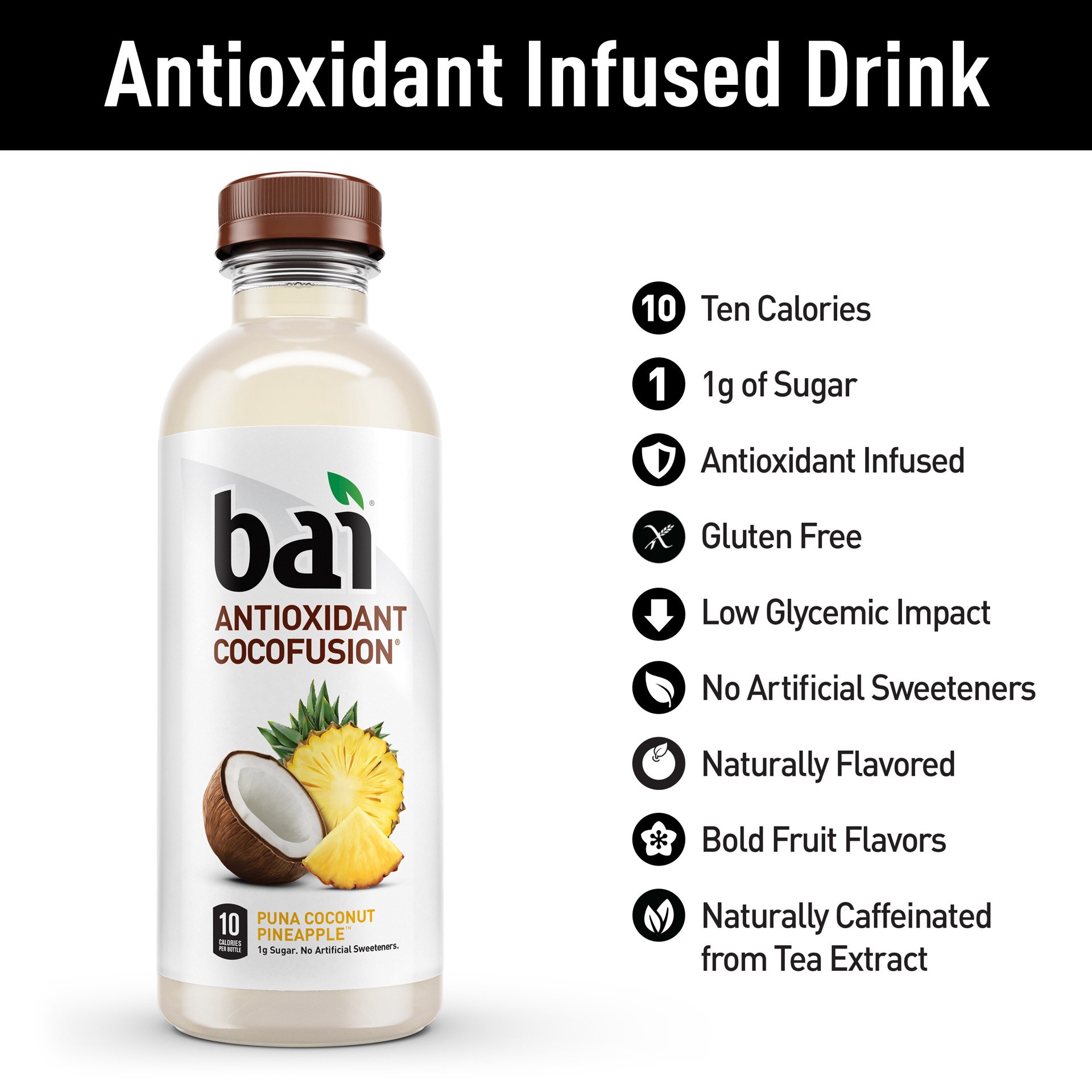 slide 5 of 6, Bai Coconut Flavored Water, Puna Coconut Pineapple, Antioxidant Infused Beverage, 18 Fluid Ounce Bottle, 18 fl oz