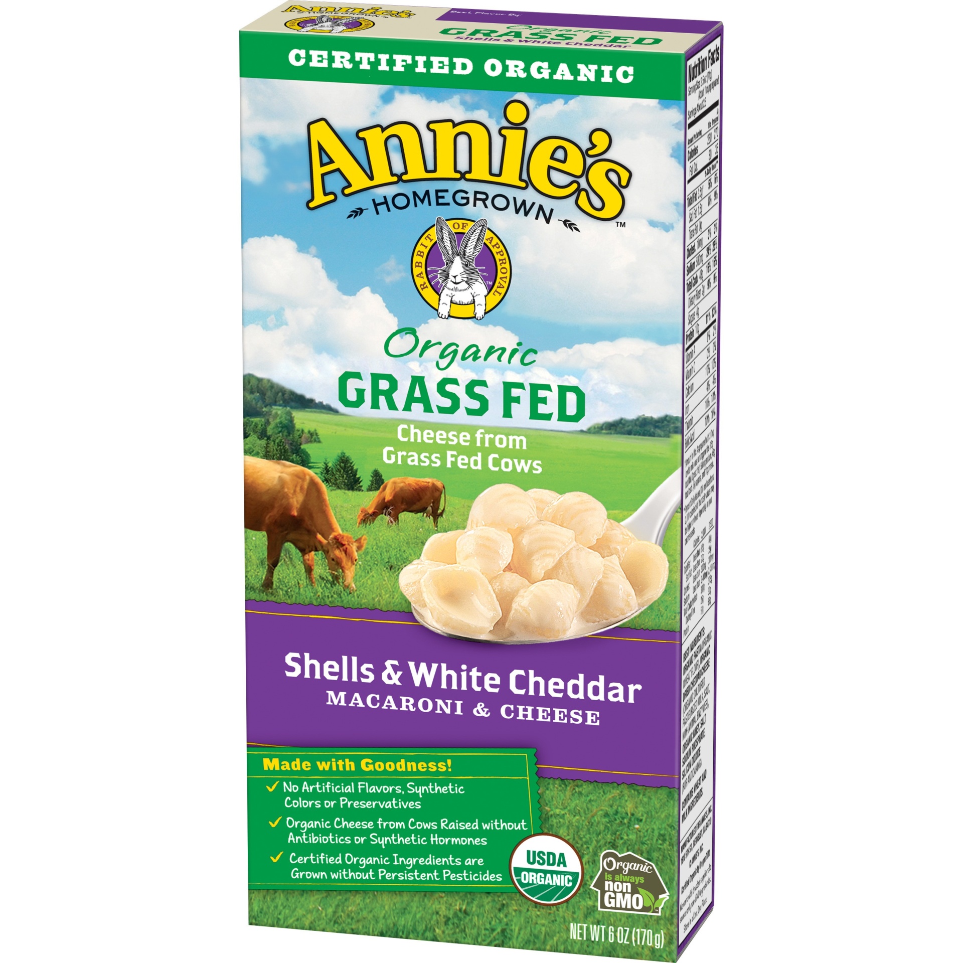 slide 1 of 1, Annie's Homegrown Mac N Cheese Grass Fed Shells White Cheddar Organic, 6 oz