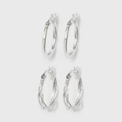 Silver Plated Braided and Polished Hoop Earring Set 2pc - A New Day™ Silver: Nickel-Free, Snap Closure