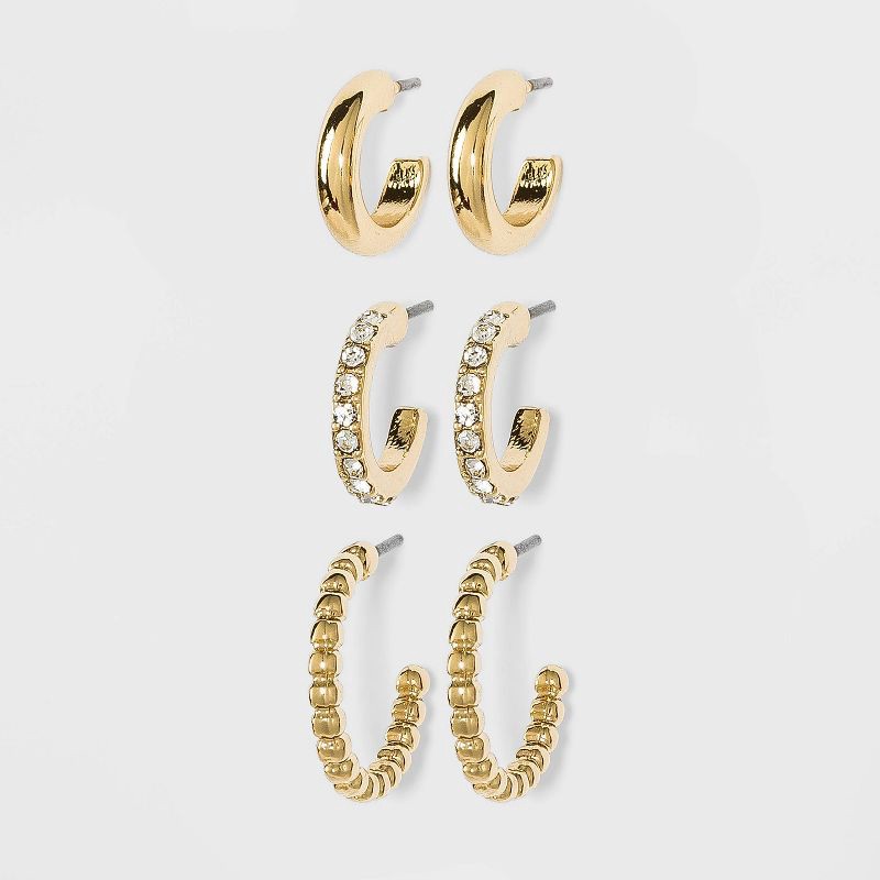 slide 1 of 2, Gem and Ridged Hoop Earring Set 3pc - A New Day™ Gold: Nickel-Free Metal, Post Closure, 3 ct