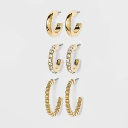 Gem and Ridged Hoop Earring Set 3pc - A New Day™ Gold: Nickel-Free Metal, Post Closure