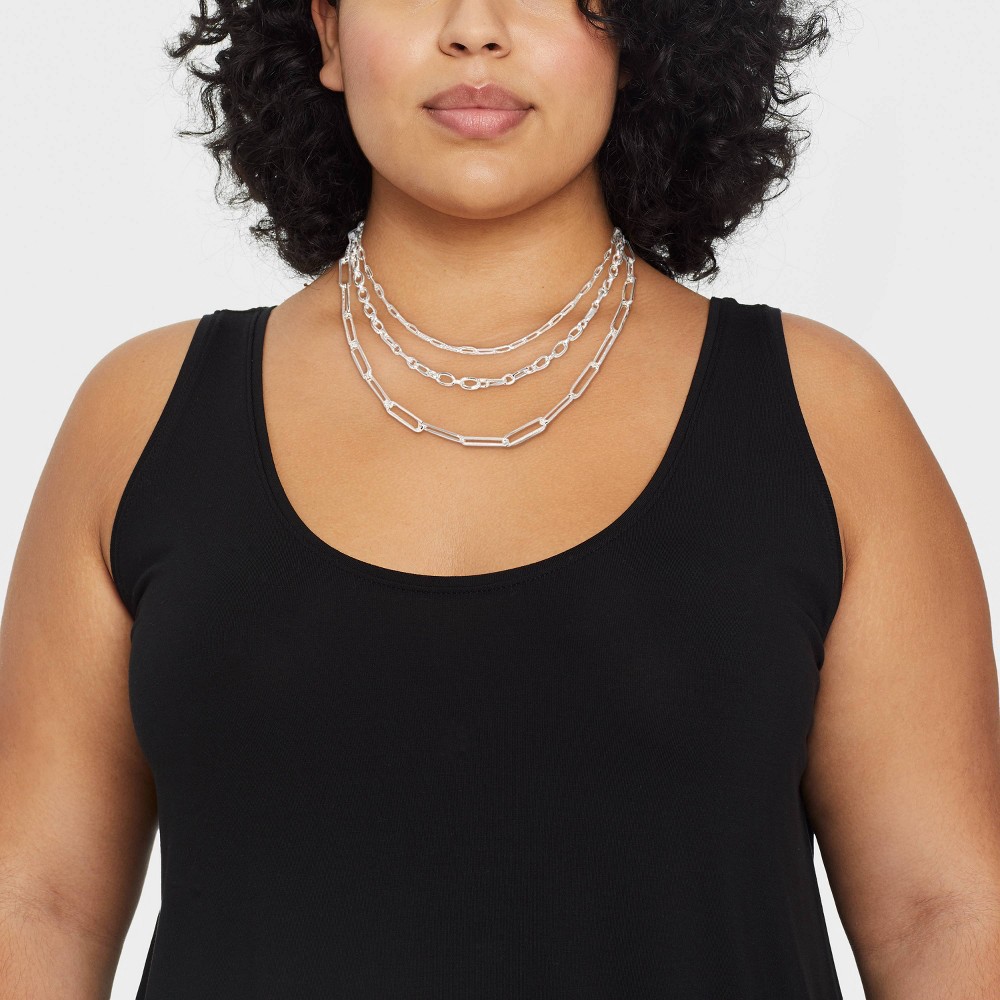 slide 2 of 2, 3 Row Paperclip Chain Necklace - A New Day Silver, 1 ct