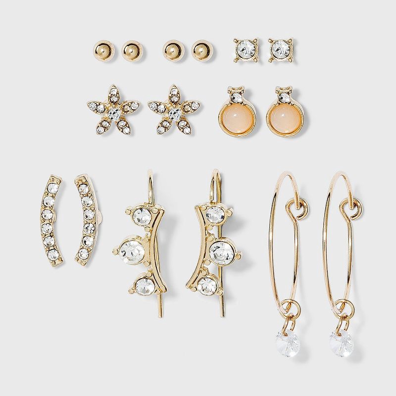 slide 1 of 2, Charm Hoop, Stud and Ear Climber Earring Set 8pc - A New Day™: Nickel-Free Metal, Post Closure, 8 ct