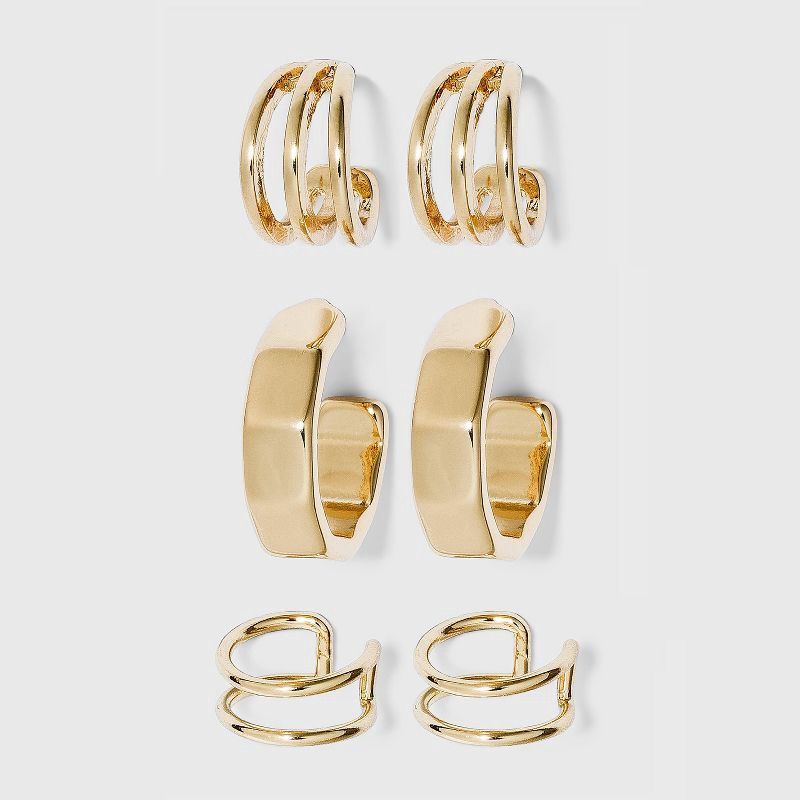 slide 1 of 3, Ear Cuff and Hoop Earring Set 3pc - A New Day™ Gold: Nickel-Free Metal, Post Closure, 3 ct