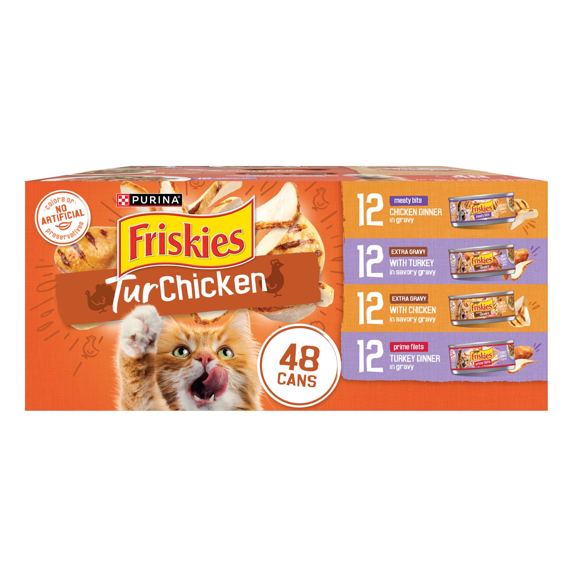slide 1 of 1, Purina Friskies TurChicken Extra Gravy Chunky, Meaty Bits and Prime Filets Wet Cat Food Variety Pack, 5.5 oz