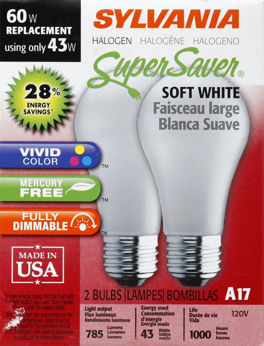 slide 4 of 4, Sylvania Light Bulbs, 60 W Replacement, Halogen, Soft White, A17, Indoor, 2 ct