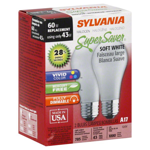 slide 1 of 1, Sylvania Super Soft White Halogen Bulbs 43 Watt Replacement For 60 Watt, 2 ct