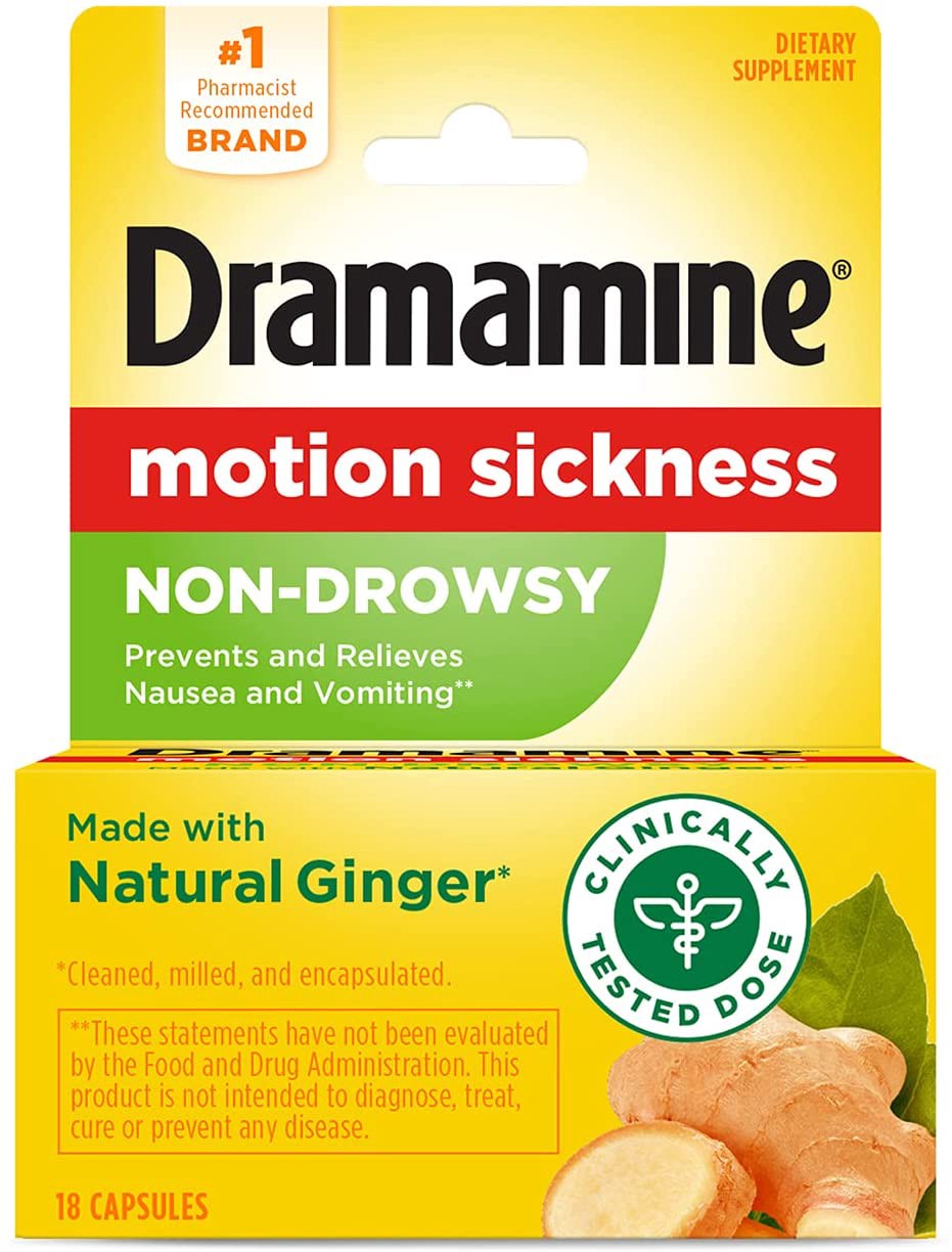 slide 1 of 5, Dramamine Motion Sickness Relief Ginger Capsules, 18 ct