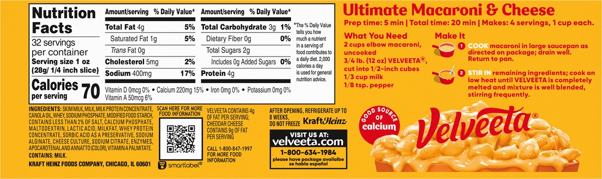 slide 8 of 13, Velveeta Sharp Cheddar Pasteurized Recipe Cheese Product, 32 oz Block, 32 oz