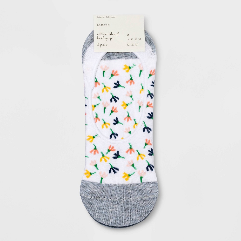 slide 2 of 2, Women's Floral Dandelion 3pk Liner Socks - A New Day White/Blue 4-10, 3 ct