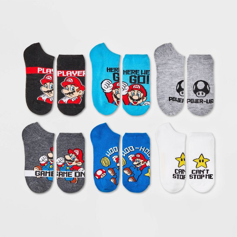slide 1 of 3, Kids' Nintendo Super Mario 6pk Socks - Blue/Gray S/M, 6 ct