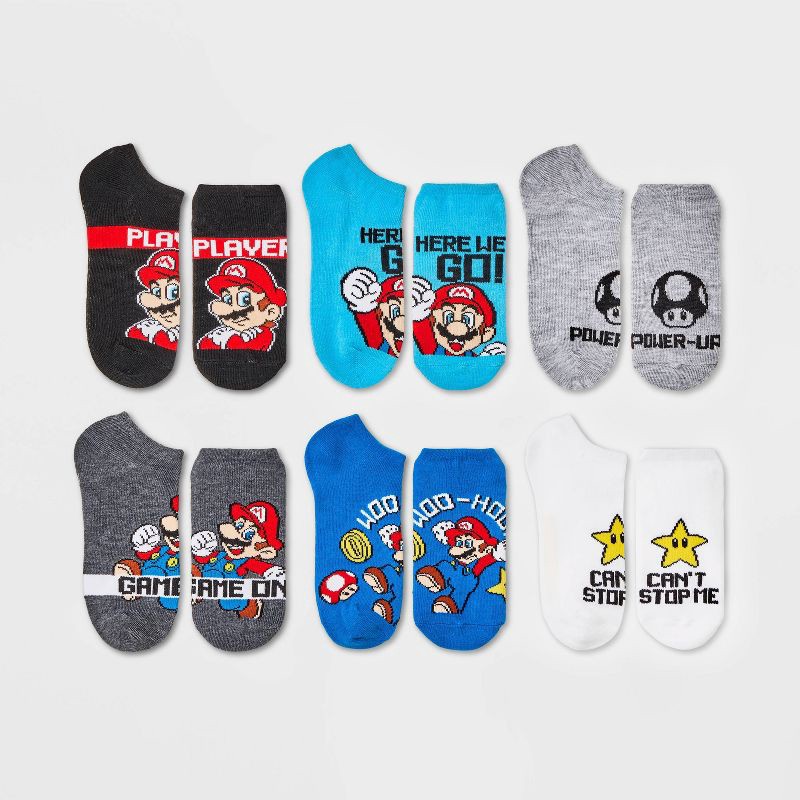 slide 1 of 3, Kids' Nintendo Super Mario 6pk Socks - Blue/Gray M/L: No Show Knit with Toad Figures, 6 ct