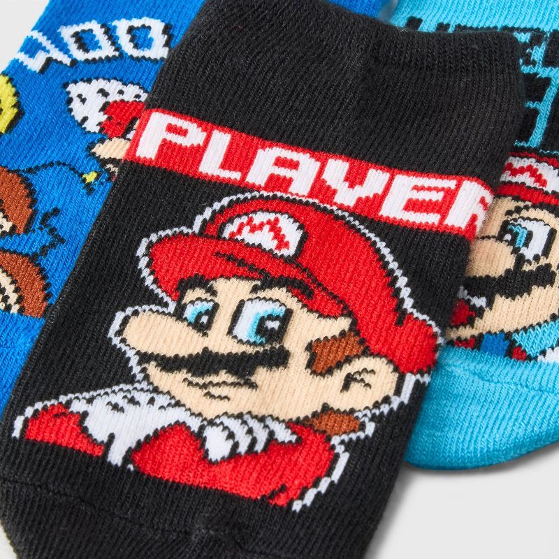 slide 3 of 3, Kids' Nintendo Super Mario 6pk Socks - Blue/Gray M/L: No Show Knit with Toad Figures, 6 ct