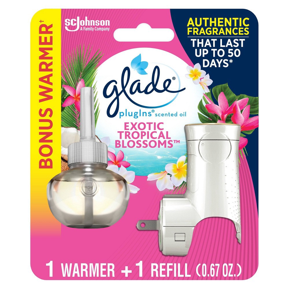 slide 2 of 8, Glade PlugIns Scented Oil Air Freshener Exotic Tropical Blossoms Starter Kit - 0.67oz/1 Warmer, 0.67 oz