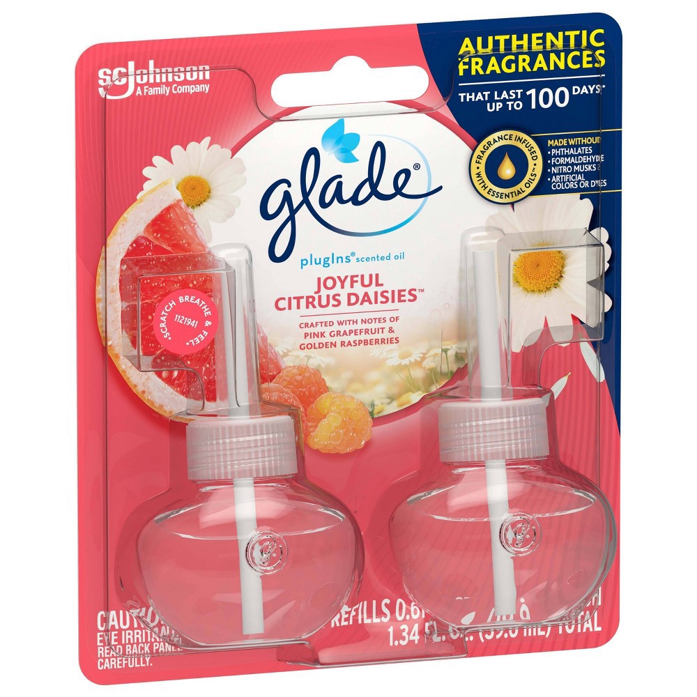 slide 5 of 8, Glade PlugIns Scented Oil Air Freshener Joyful Citrus & Daisies Refill - 1.34oz/2ct, 2 ct; 1.34 oz