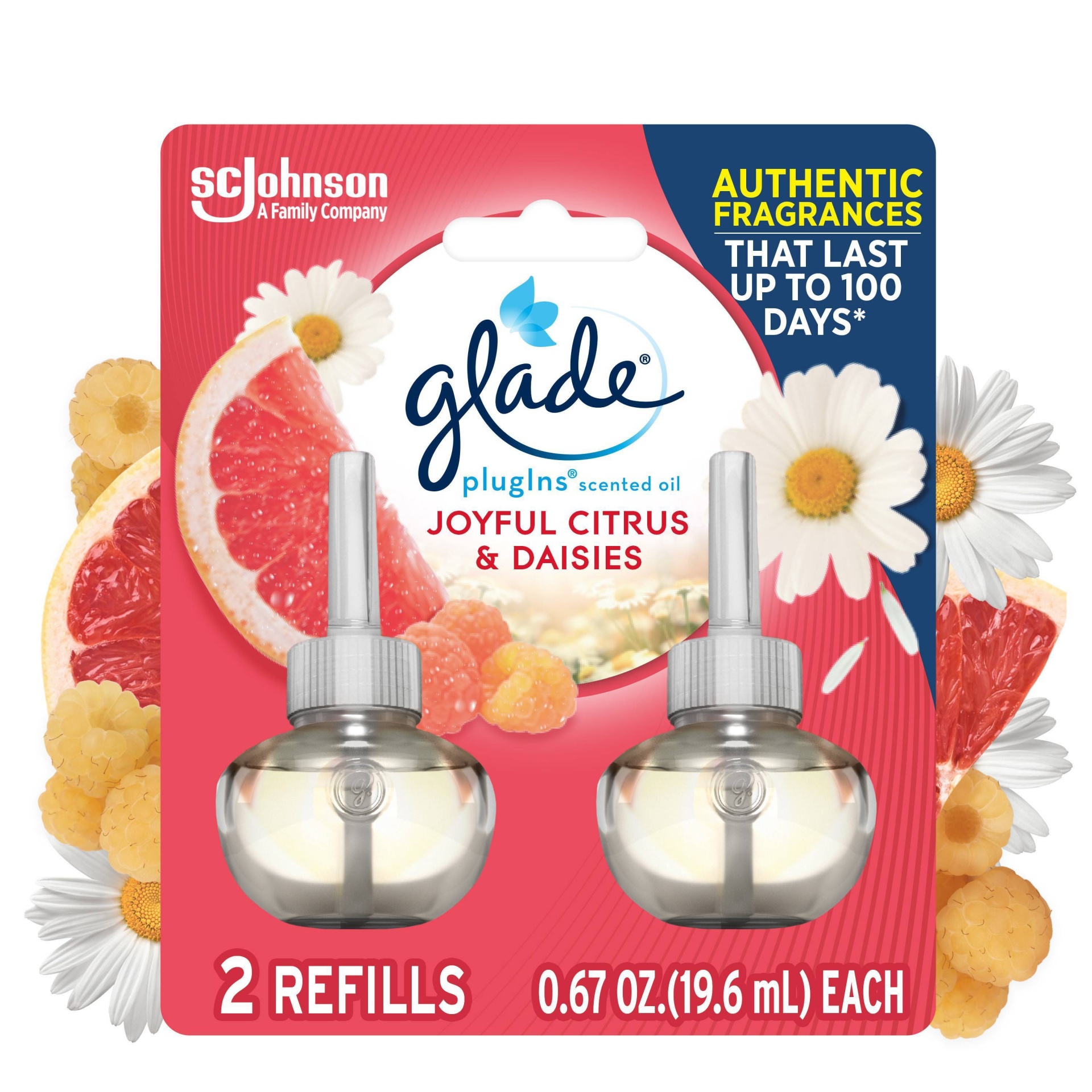 slide 1 of 8, Glade PlugIns Scented Oil Air Freshener Joyful Citrus & Daisies Refill - 1.34oz/2ct, 2 ct; 1.34 oz