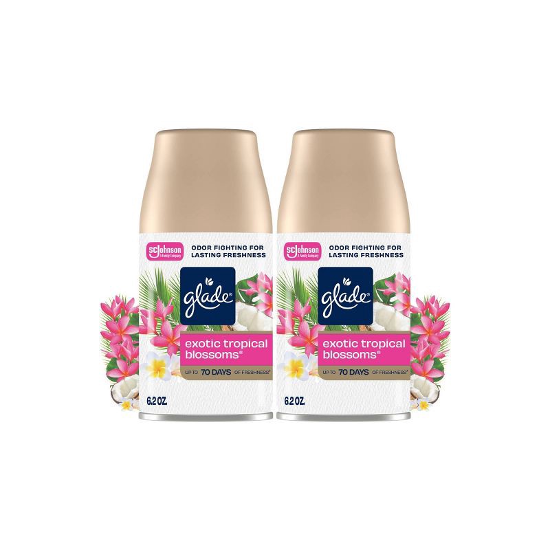 slide 1 of 14, Glade Automatic Air Freshener Room Spray Scent Refills - Exotic Tropical Blossoms - 6.2oz/2ct: Aerosol, Battery Powered, Paraben-Free, Spring/Summer, 2 ct; 6.2 oz