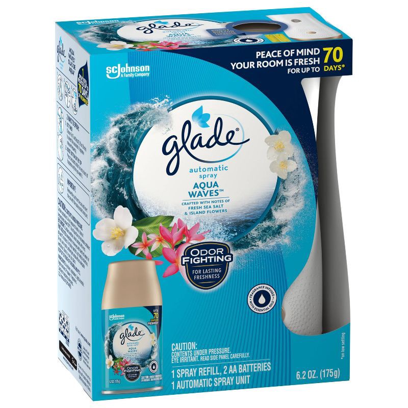 slide 14 of 14, Glade Automatic Air Freshener Spray Dispenser Battery-Operated with Refill - Aqua Waves - 6.2oz, 6.2 oz