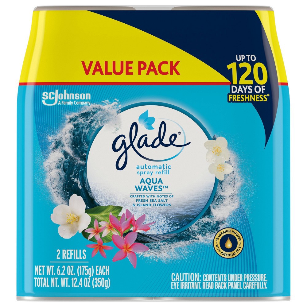 slide 3 of 8, Glade Automatic Spray Air Freshener Aqua Waves 2ct Refill - 12.4oz, 2 ct; 12.4 oz