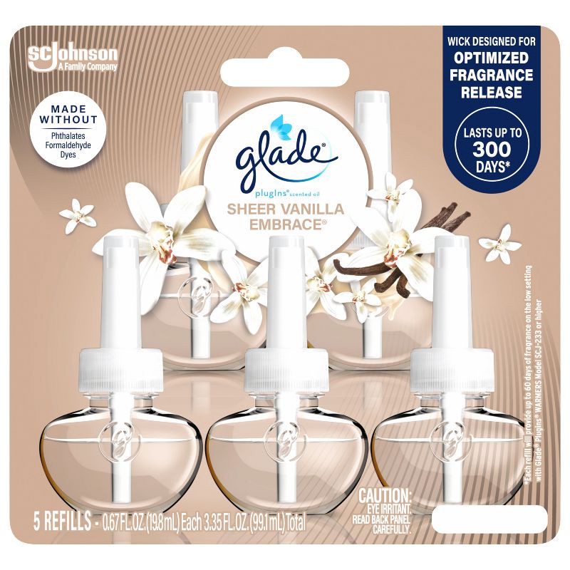 slide 4 of 14, Glade Air Freshener Plug Ins Scented Oil Diffuser Refills - Sheer Vanilla Embrace - 3.35 fl oz/5pk, 5 ct; 3.35 fl oz