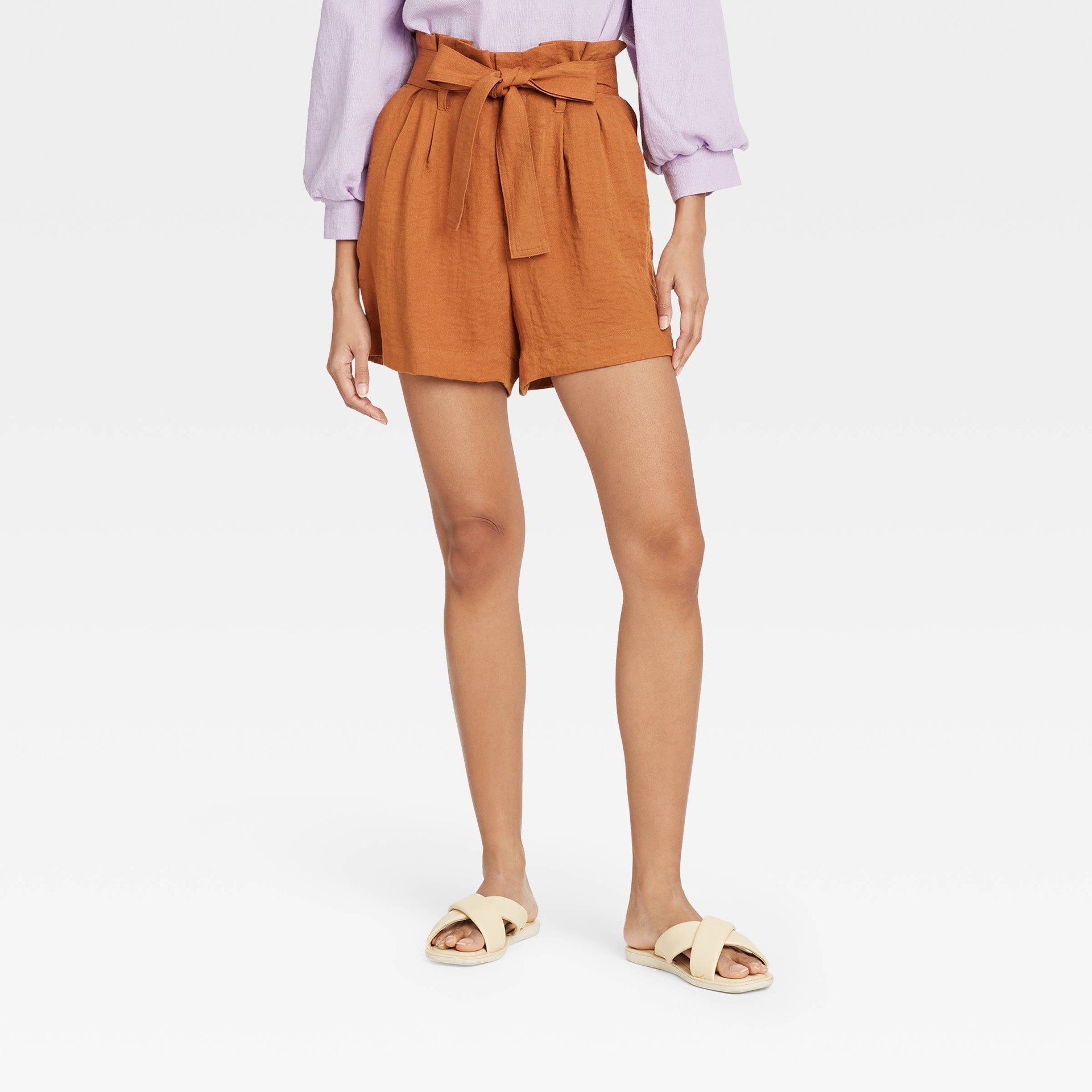 slide 1 of 3, Women's High-Rise Paperbag Shorts - A New Day Brown XL, 1 ct