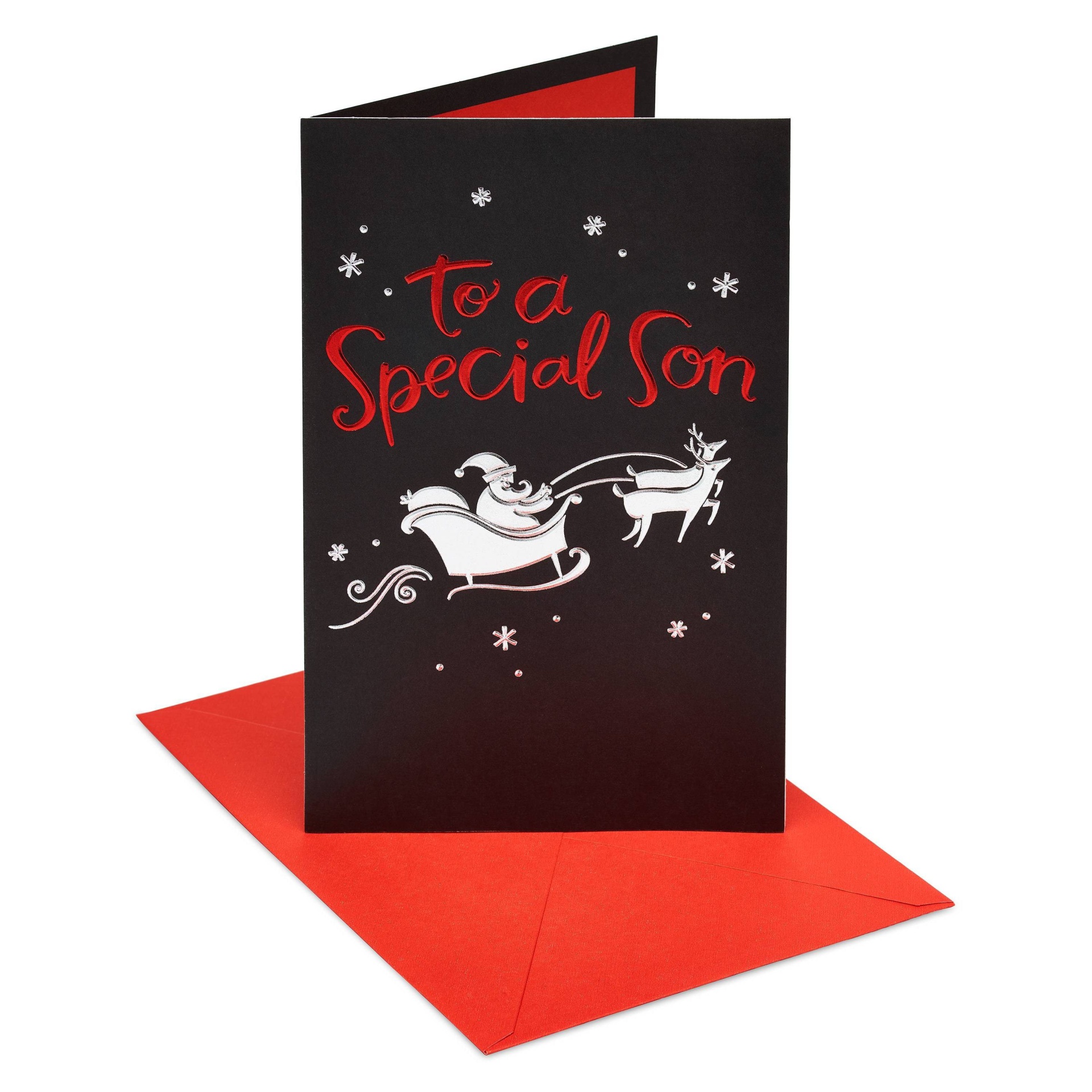 slide 1 of 5, Carlton Cards Son's Birthday Cards Santa and Sleigh Silhouette, 1 ct