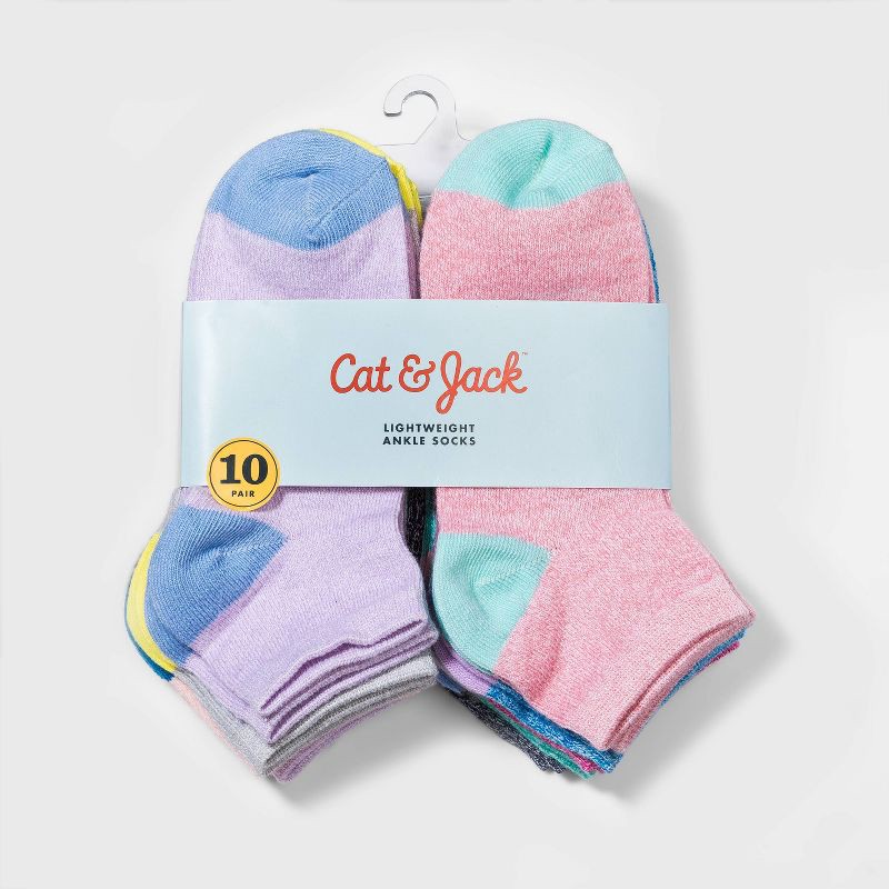 slide 2 of 2, Girls' 10pk Lightweight Ankle Socks - Cat & Jack™ L: Knit Solid, Banded Cuff, Tumble Dry, 10 ct