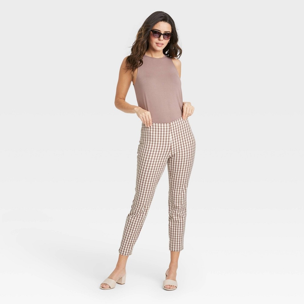 slide 3 of 3, Women's Gingham Check High-Rise Skinny Ankle Pants - A New Day Light Brown 2, 1 ct