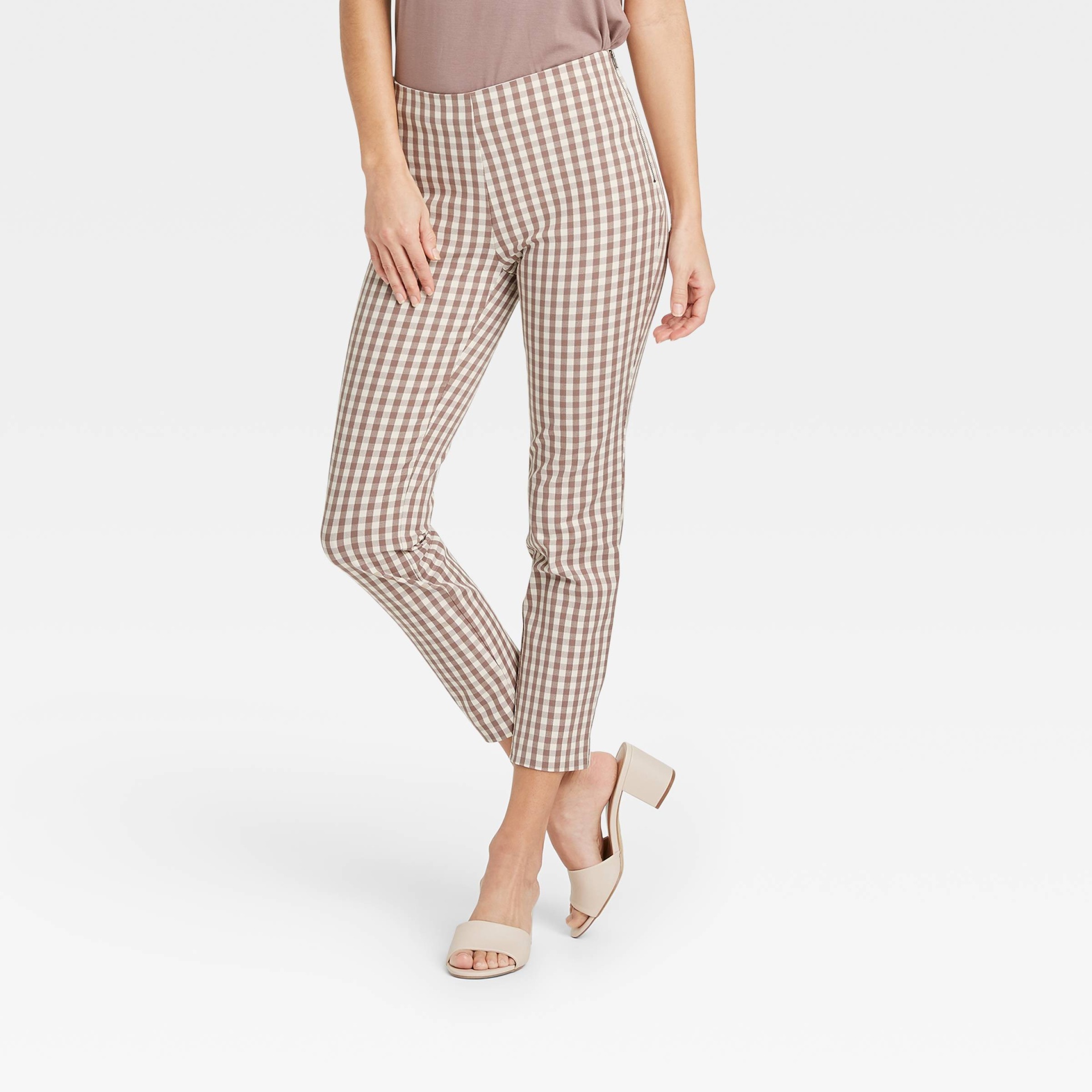 slide 1 of 3, Women's Gingham Check High-Rise Skinny Ankle Pants - A New Day Light Brown 2, 1 ct