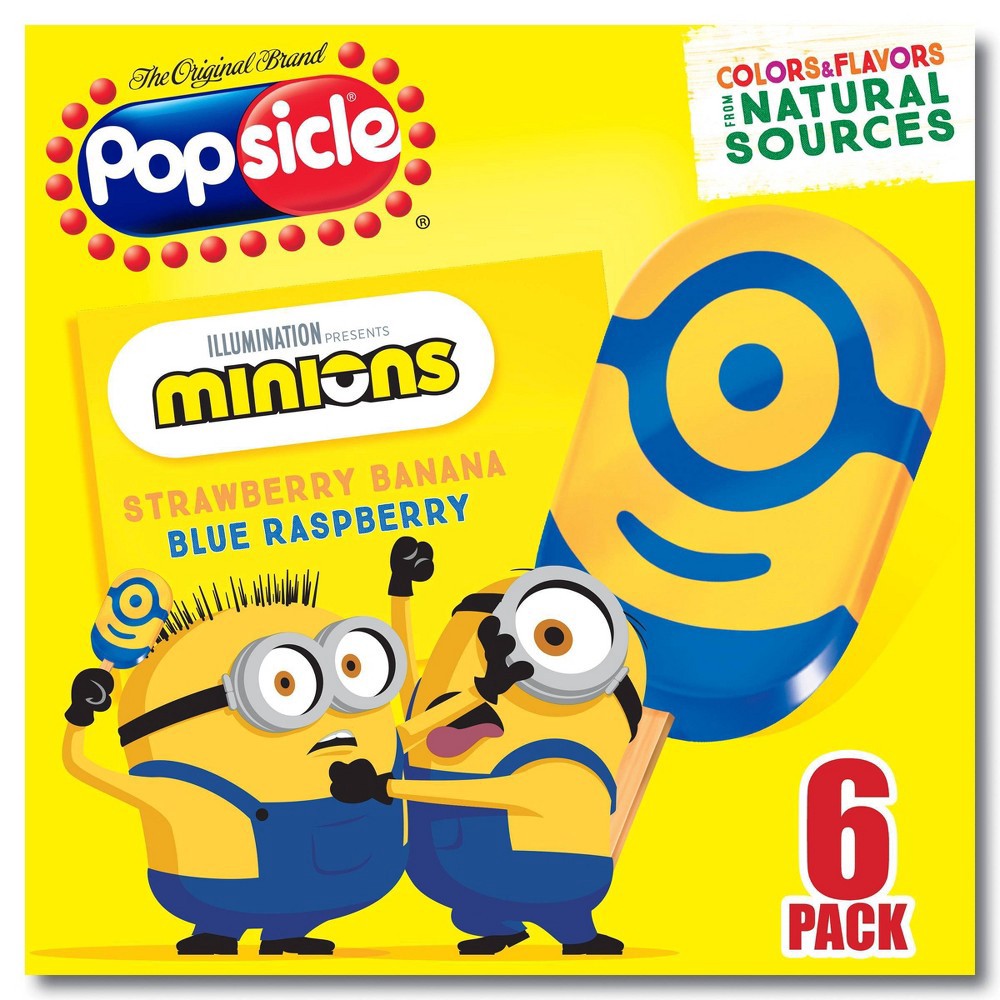 slide 2 of 7, Popsicle Minions 6 Pack Strawberry Banana/Blue Raspberry Frozen Confection Bars 6 ea, 6 ct