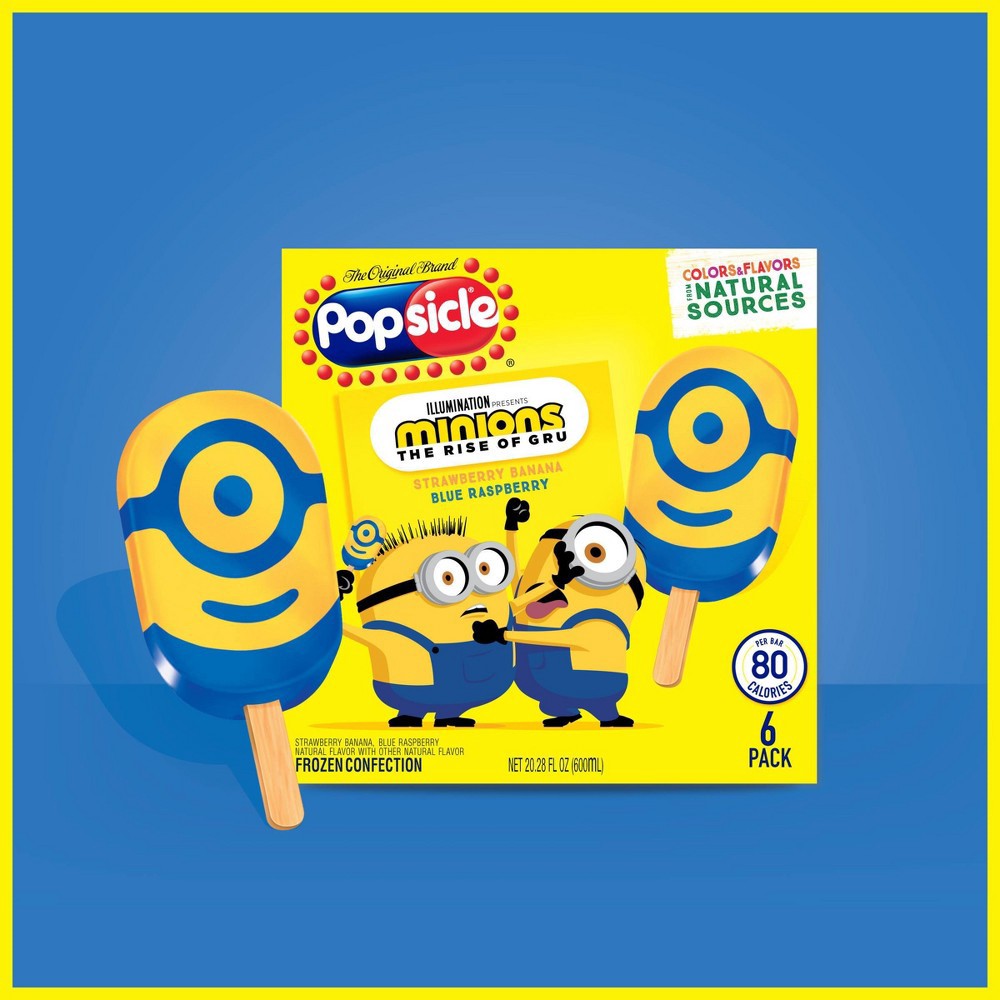 slide 4 of 7, Popsicle Minions 6 Pack Strawberry Banana/Blue Raspberry Frozen Confection Bars 6 ea, 6 ct