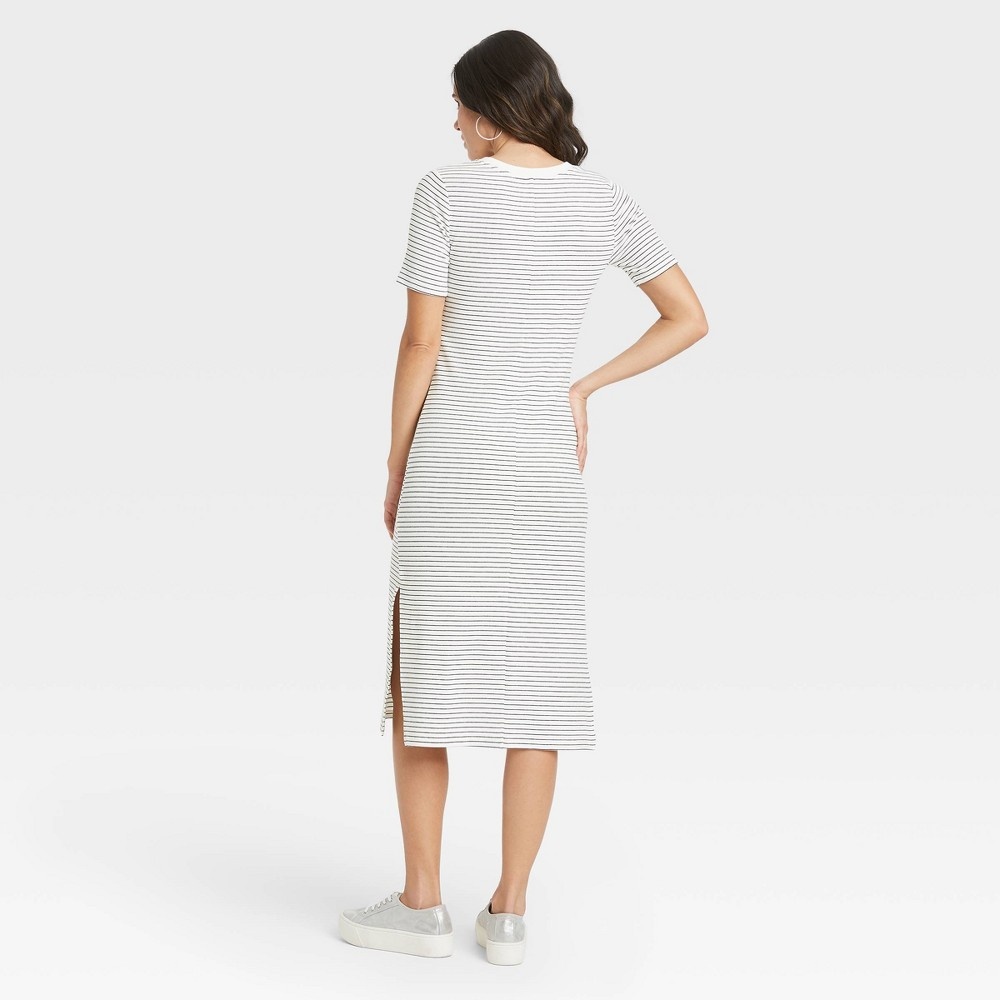 slide 2 of 3, Women's Striped Short Sleeve Rib Knit T-Shirt Dress - A New Day Black/White M, 1 ct