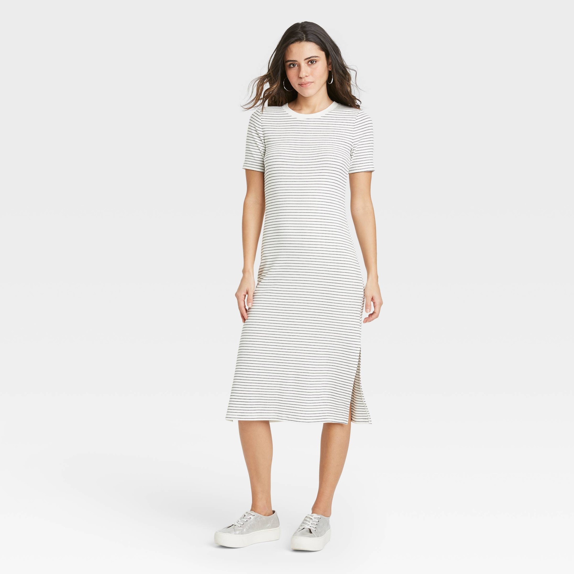 slide 1 of 3, Women's Striped Short Sleeve Rib Knit T-Shirt Dress - A New Day Black/White M, 1 ct