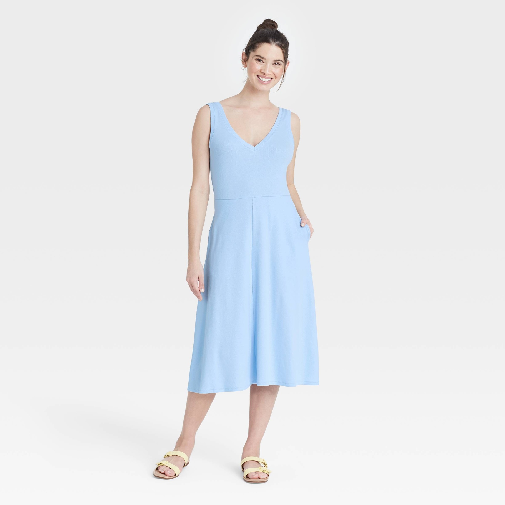 slide 1 of 3, Women's Sleeveless Rib Knit Ballet Dress - A New Day Light Blue S, 1 ct