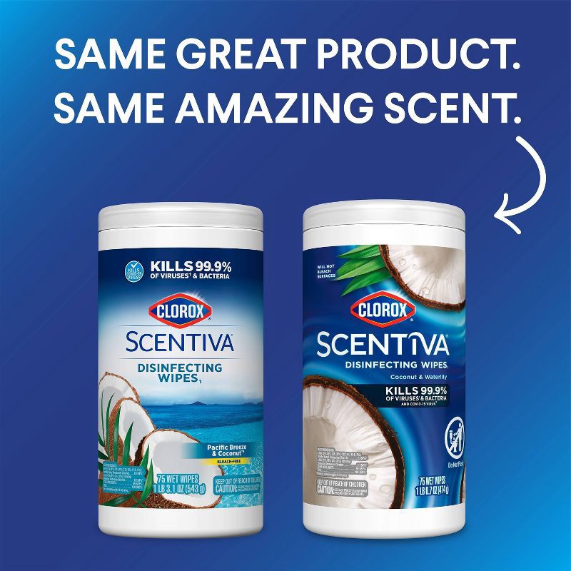 slide 3 of 12, Clorox Scentiva Coconut & Waterlily Disinfecting Wipes - 75ct, 75 ct