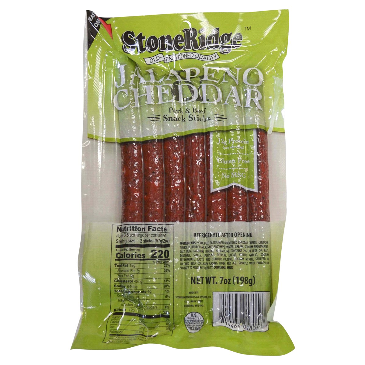 slide 1 of 1, StoneRidge Jalapeno and Cheddar Snack Sticks, 7 oz