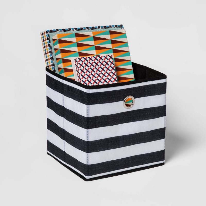 slide 4 of 4, 11" Fabric Cube Storage Bin Black/White Rugby Striped - Room Essentials™: Collapsible, Lightweight, No Assembly Required, 1 ct