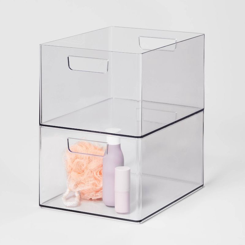slide 4 of 6, Large Bathroom Organizer Bin with Handles Clear - Brightroom™: PETG, 6.5" Height, 12" Depth, 9" Width, Organizing Bin, 1 ct