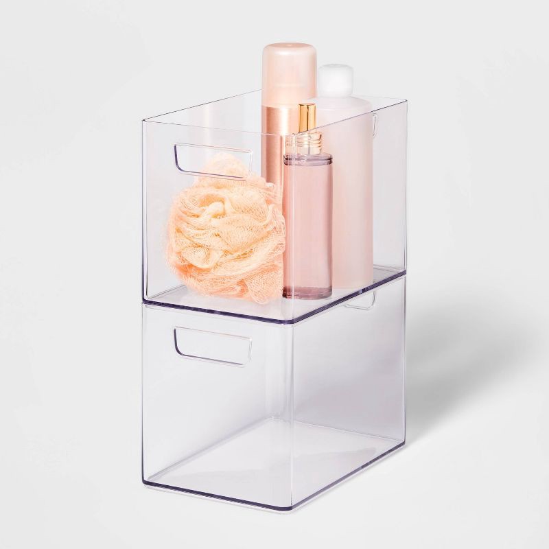 slide 4 of 6, Medium Bathroom Organizer Bin with Handles Clear - Brightroom™: PETG, 6.5" Height, 9" Depth, 6" Width, Organizing Bin, 1 ct