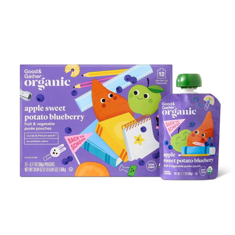 slide 3 of 6, Organic Applesauce Pouches - Apple Sweet Potato Blueberry - 12ct - Good & Gather™, 12 ct