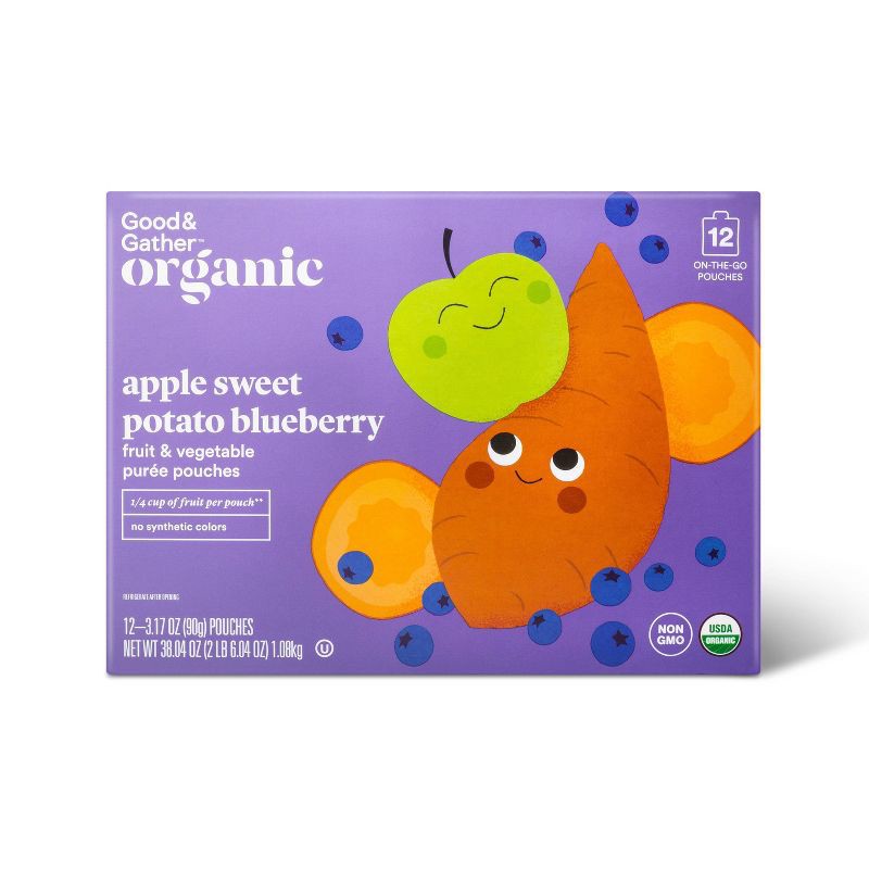 slide 1 of 5, Organic Applesauce Pouches - Apple Sweet Potato Blueberry - 12ct - Good & Gather™, 12 ct