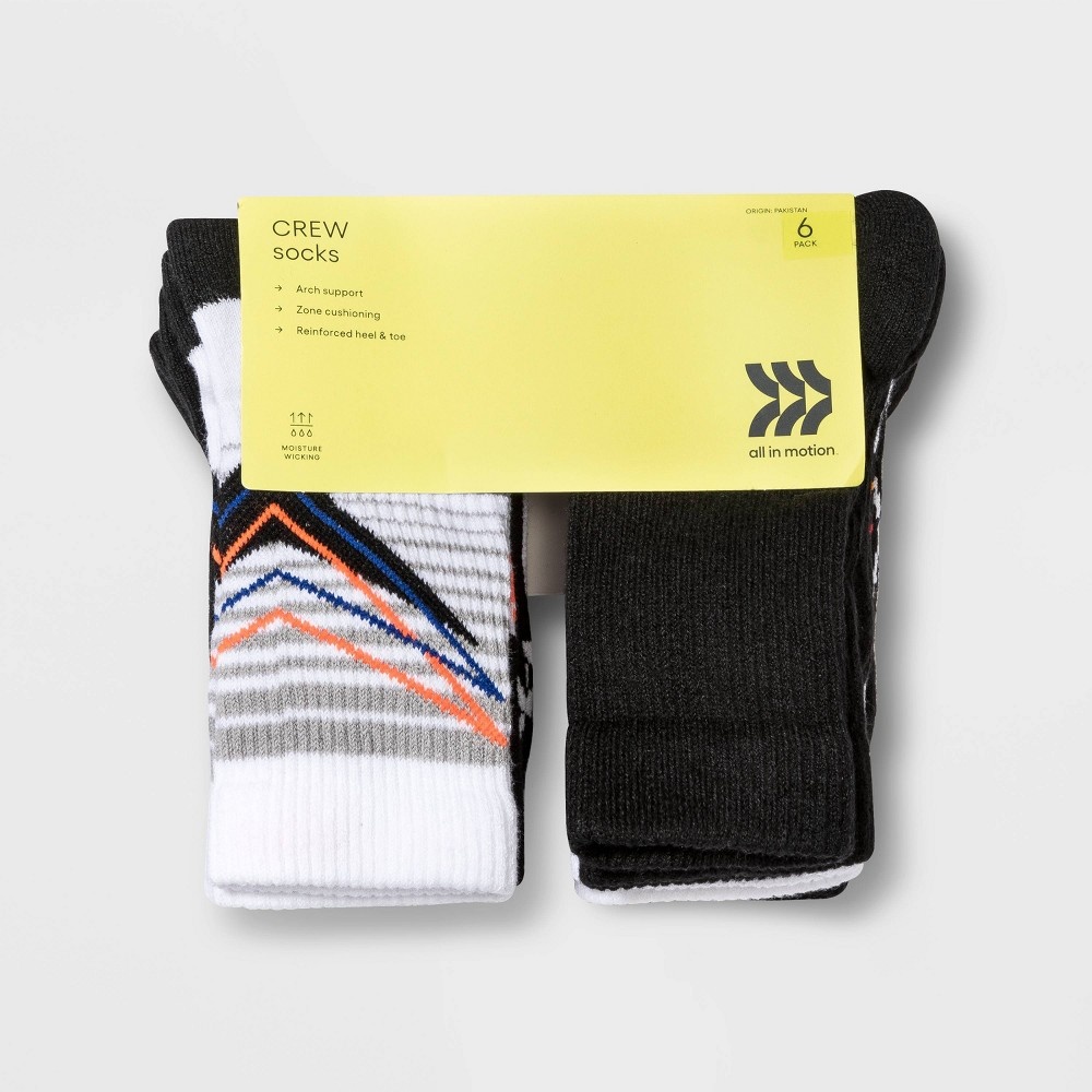 slide 2 of 2, Boys' 6pk Striped Crew Athletic Socks - All in Motion Black/White L, 1 ct