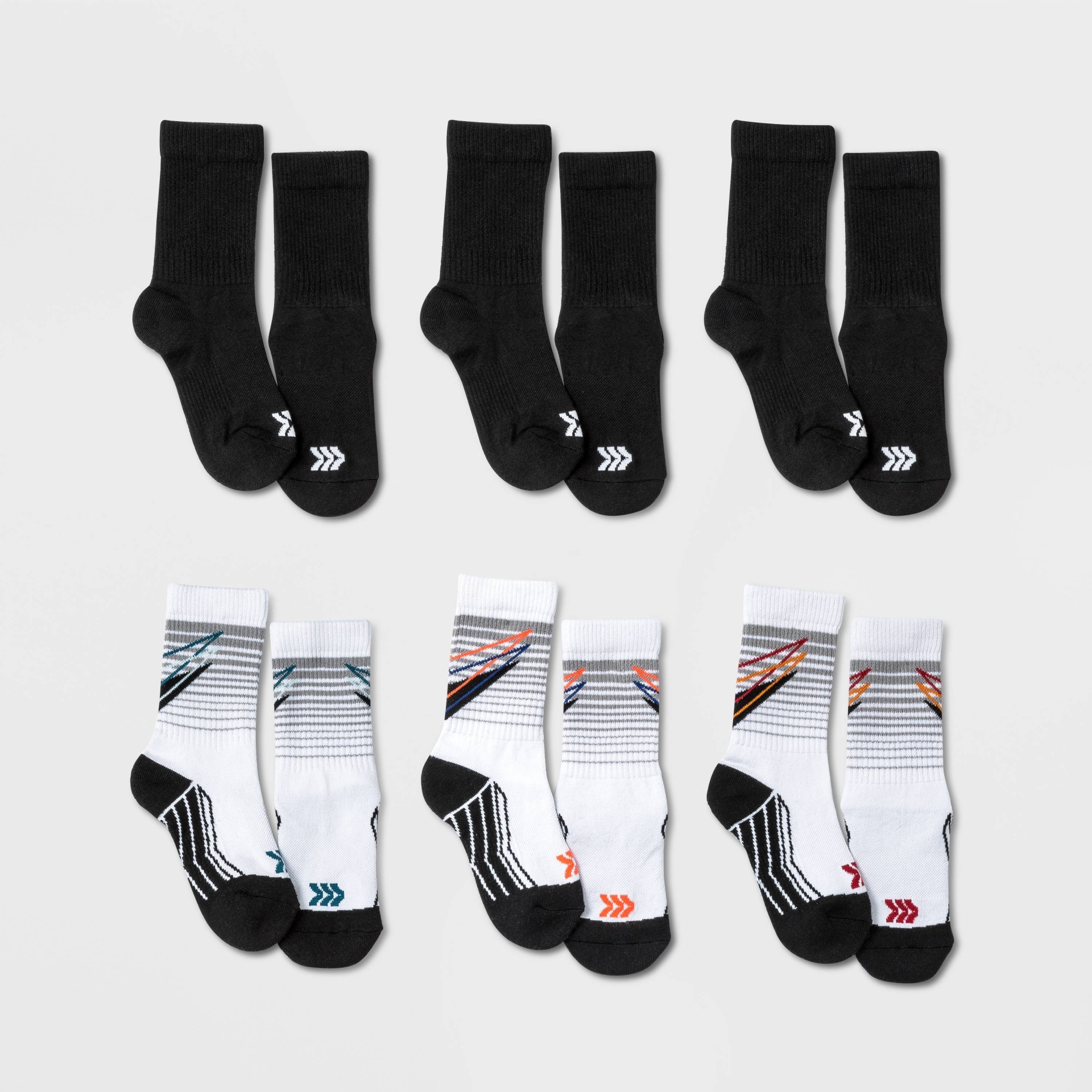 slide 1 of 2, Boys' 6pk Striped Crew Athletic Socks - All in Motion Black/White L, 1 ct