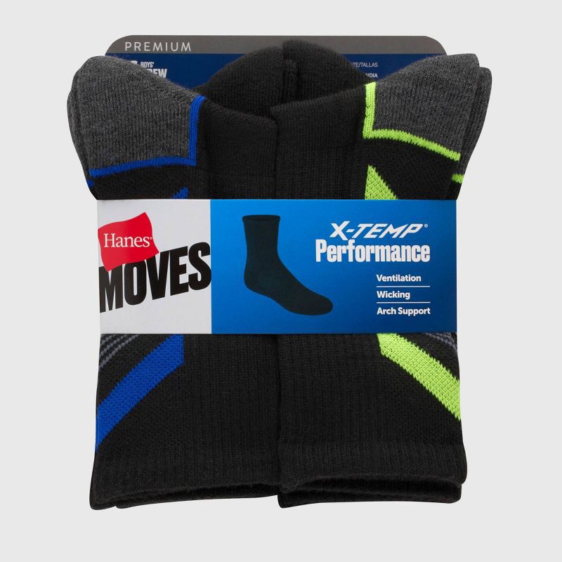 slide 2 of 5, Hanes Premium Hanes Moves Premium Boys' 6pk Striped Crew Socks - Colors May Vary L: Lightweight Knit, Arch Support, 6 ct