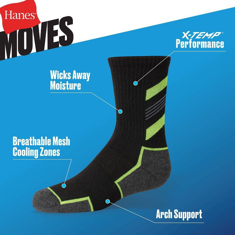 slide 4 of 5, Hanes Premium Hanes Moves Premium Boys' 6pk Striped Crew Socks - Colors May Vary L: Lightweight Knit, Arch Support, 6 ct