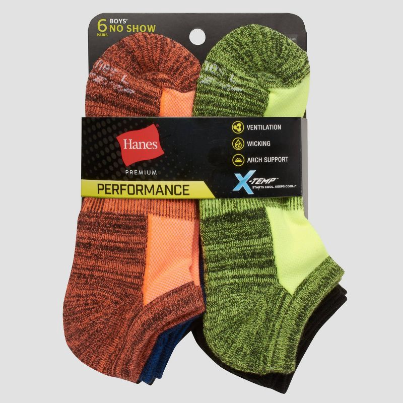 slide 3 of 3, Hanes Premium Boys' 6pk No Show Socks - Colors May Vary M: Knit, Arch Support, Moisture Wicking, 6 ct
