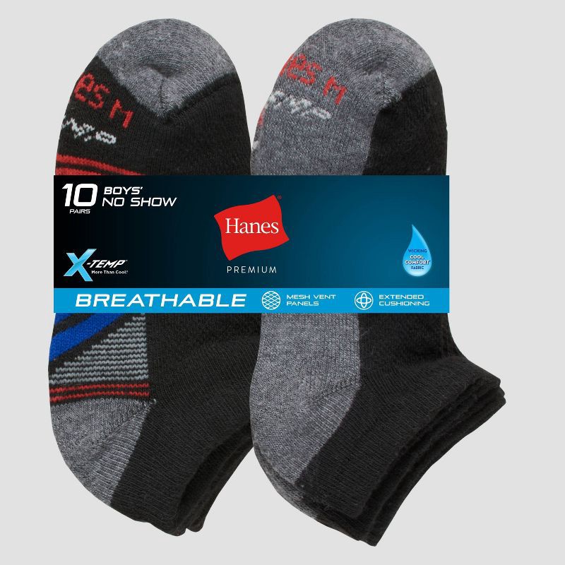 slide 3 of 3, Hanes Premium Hanes Boys' 10pk Premium No Show Socks - Black M: Cushioned Heel, Ventilating Mesh, Moisture Wicking, 10 ct