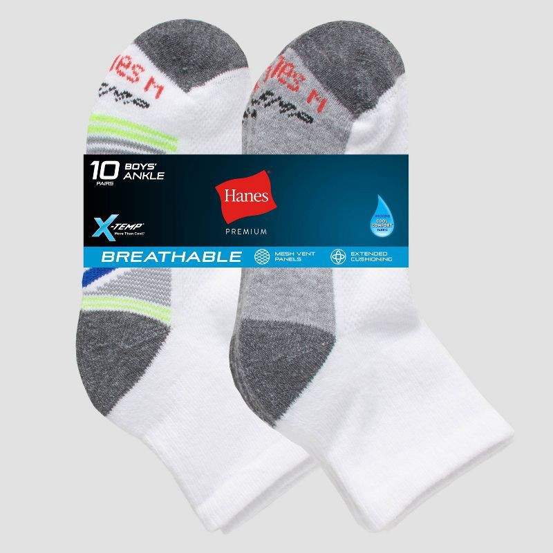 slide 3 of 3, Hanes Premium Hanes Boys' 10pk Premium Ankle Athletic Socks - White M, 10 ct