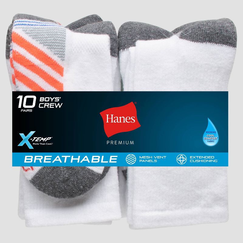 slide 3 of 3, Hanes Premium Hanes Boys' 10pk Premium Crew Socks - White M: Cushioned Heel, Ventilating Mesh, Moisture Wicking, 10 ct